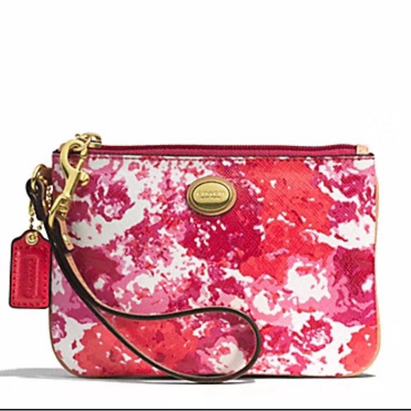 Coach Peyton pink red floral wristlet/wallet brass NWT with gift box - Picture 1 of 11
